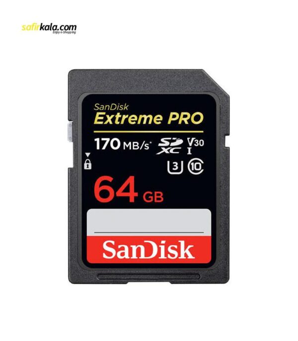 کارت حافظه SDXC سن دیسک مدل Extreme Pro V30 کلاس 10 استاندارد UHS-I U3 سرعت 170mbps ظرفیت 64 گیگابایت | سفیرکالا